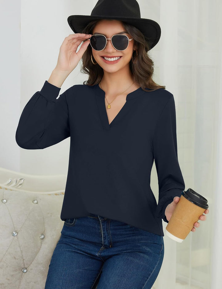 Beluring Langarmshirt Damen Elegant V Ausschnitt Tunika Bluse Einfarbig T-Shirt XL Marineblau, XL Ma