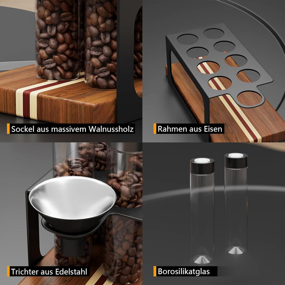 8 Tuben Kaffeebohnen Behälter, Walnuss Einzeldosis kaffeedose mit Ständer und Trichter, Espressobohn