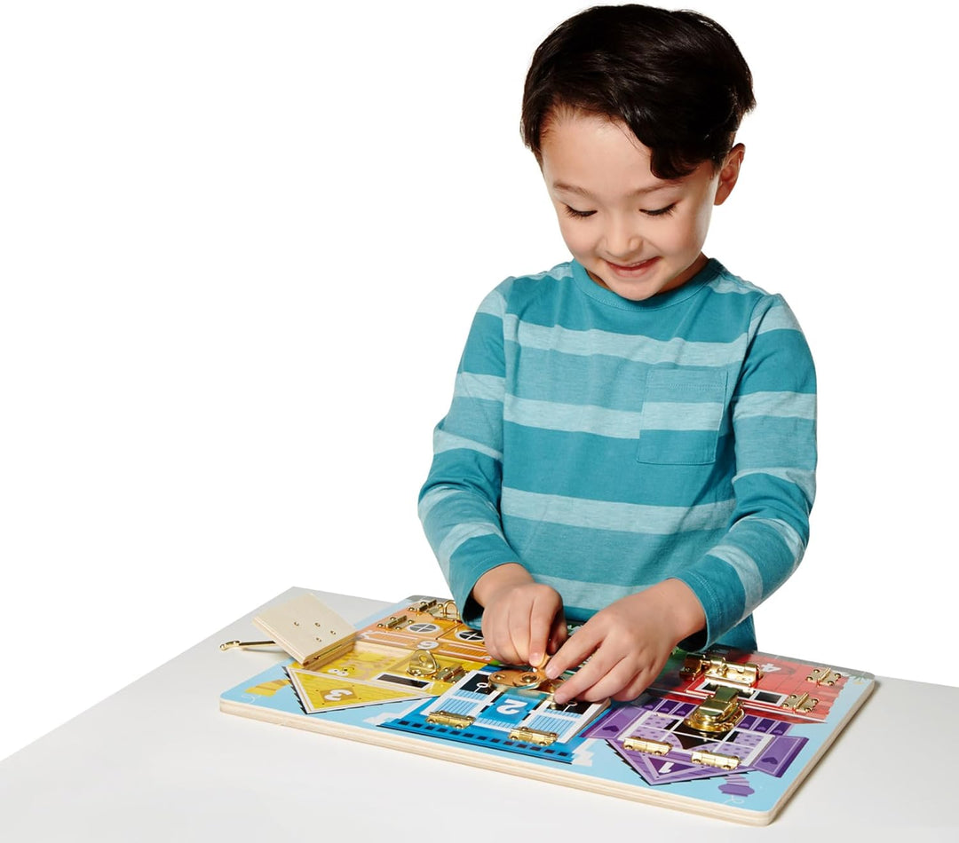 Melissa & Doug Motorikbrett aus Holz für Kinder ab 3 Jahren mit Schlössern und Riegeln Verriegelungs