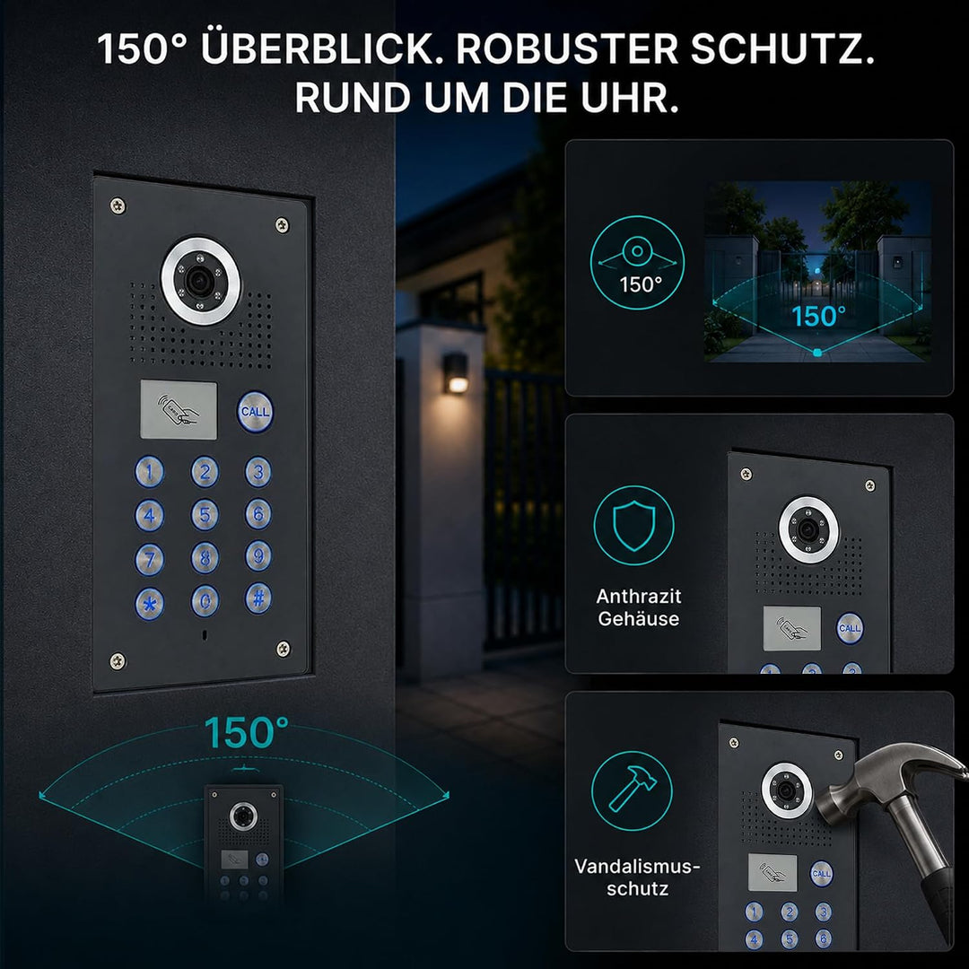MATHFEL 4 Draht Video Türsprechanlage Gegensprechanlage Fischaugenkamera 170 Grad, Aufputz Aussensta