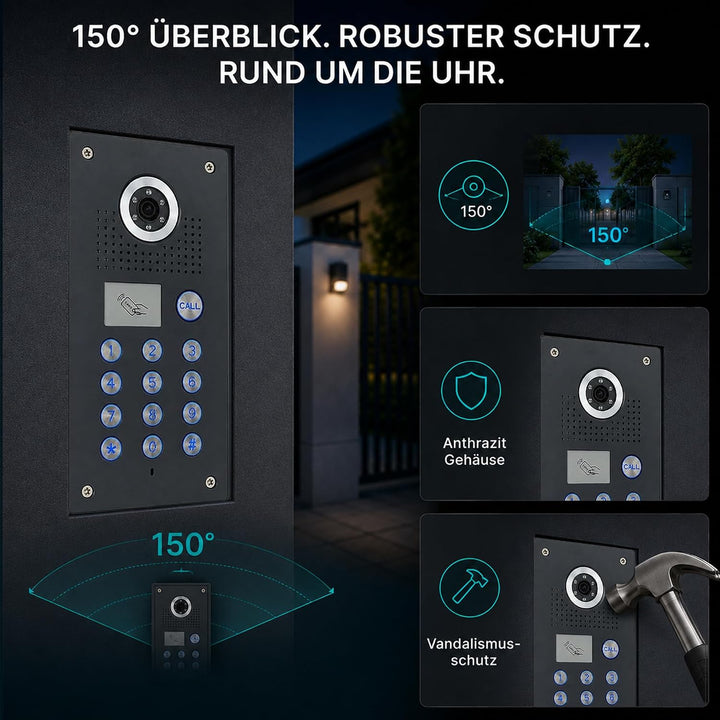 MATHFEL 4 Draht Video Türsprechanlage Gegensprechanlage Fischaugenkamera 170 Grad, Aufputz Aussensta