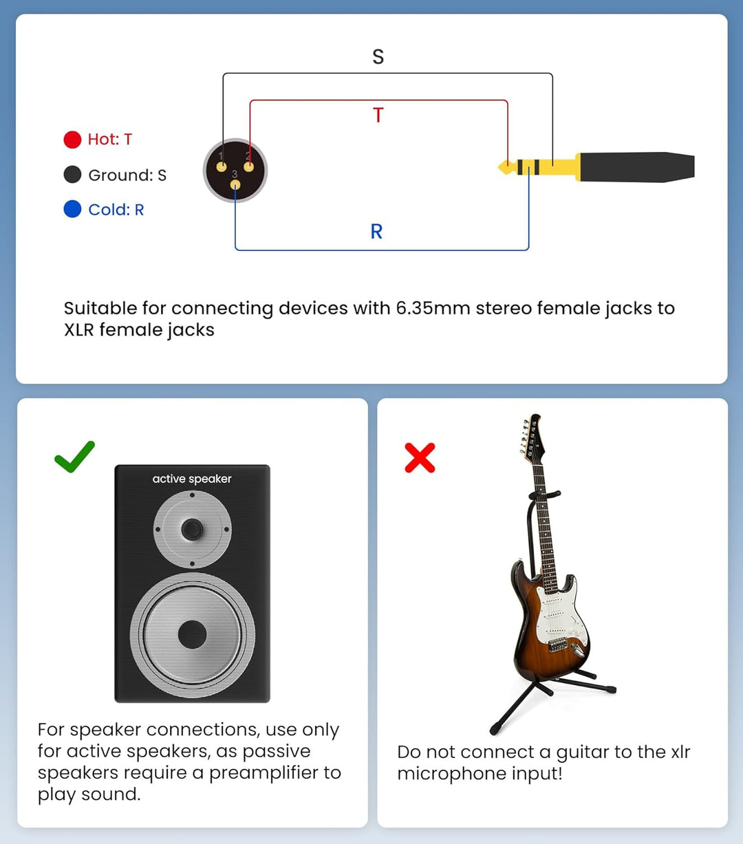 Tisino Klinke 6,3 TRS Auf XLR Kabel, Nylongeflecht Symmetrisches 6,35 Mm Stereo Klinke Auf XLR Signa