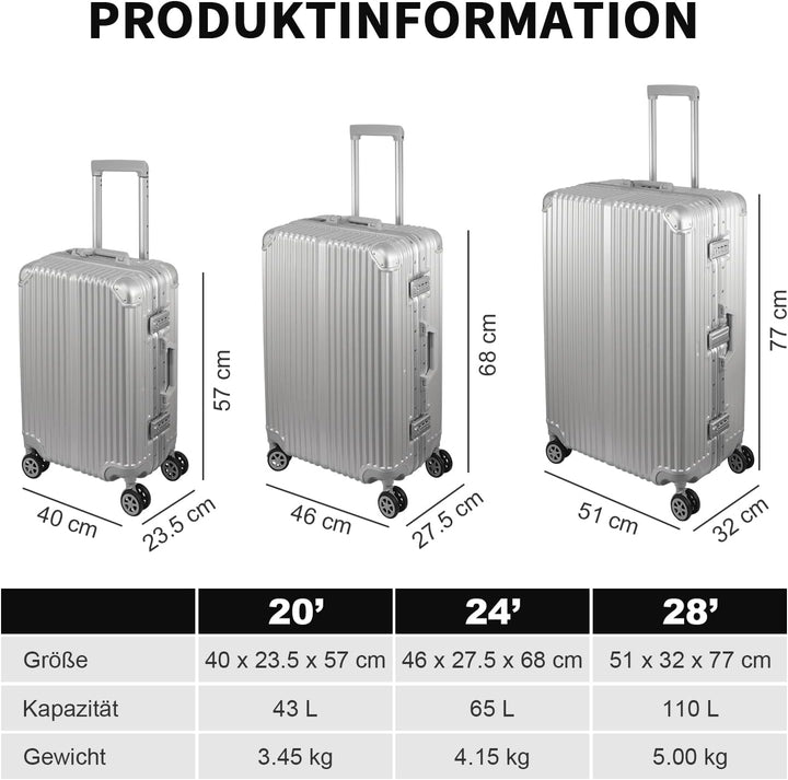 FusionShell mit Aluminiumrahmen Hartschalen-Kofferset 3-teilig, 57 68 77 cm (43L 65L 110L), Rahmenve