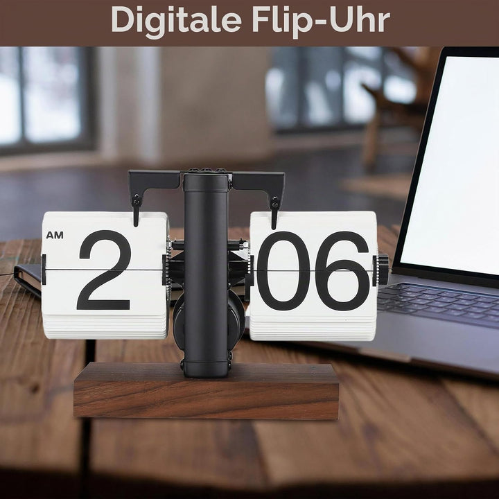 Digitale Flip-Down-Uhr, 12 Stunden Flip Uhr Retro mit Holzsockel und grosse Zahlenanzeige Tischuhr V