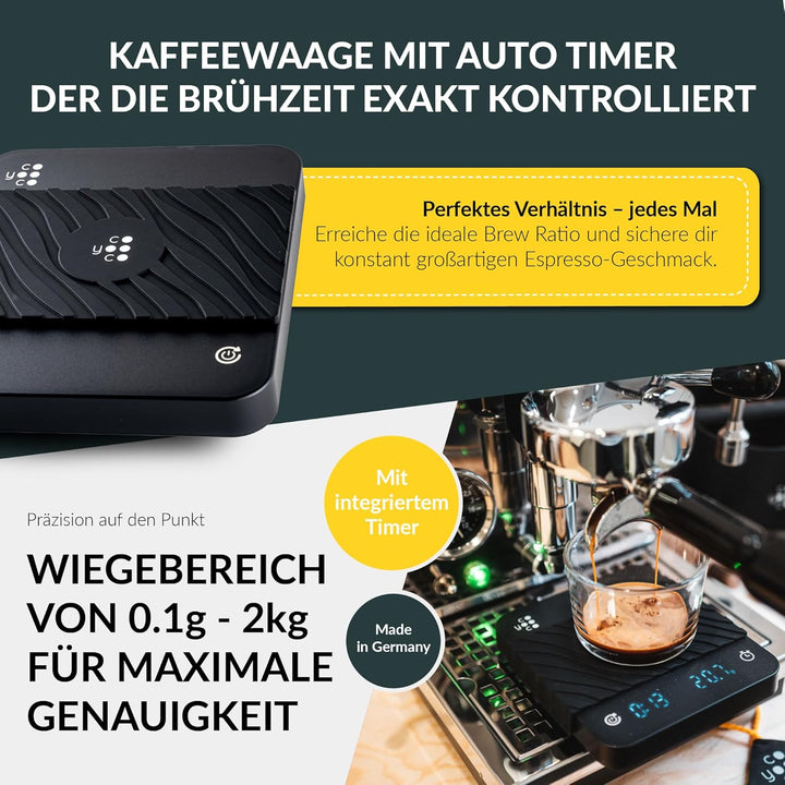 COYOOCO Kaffeewaage mit Timer - 0,1 g Präzision bis 2 kg - spritzwassergeschützte Espresso Waage für
