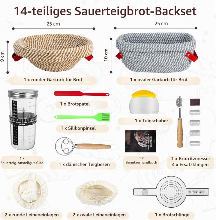 Brot Gärkörbchen Set, 14-Teilig Sauerteig Starter Set mit 2 Gärkörbe Rattan, Sauerteig Starterglas,