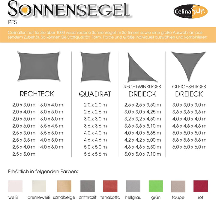 CelinaSun Sonnensegel wasserdicht inkl Befestigungsseile Premium PES wasserabweisend imprägniert Rec