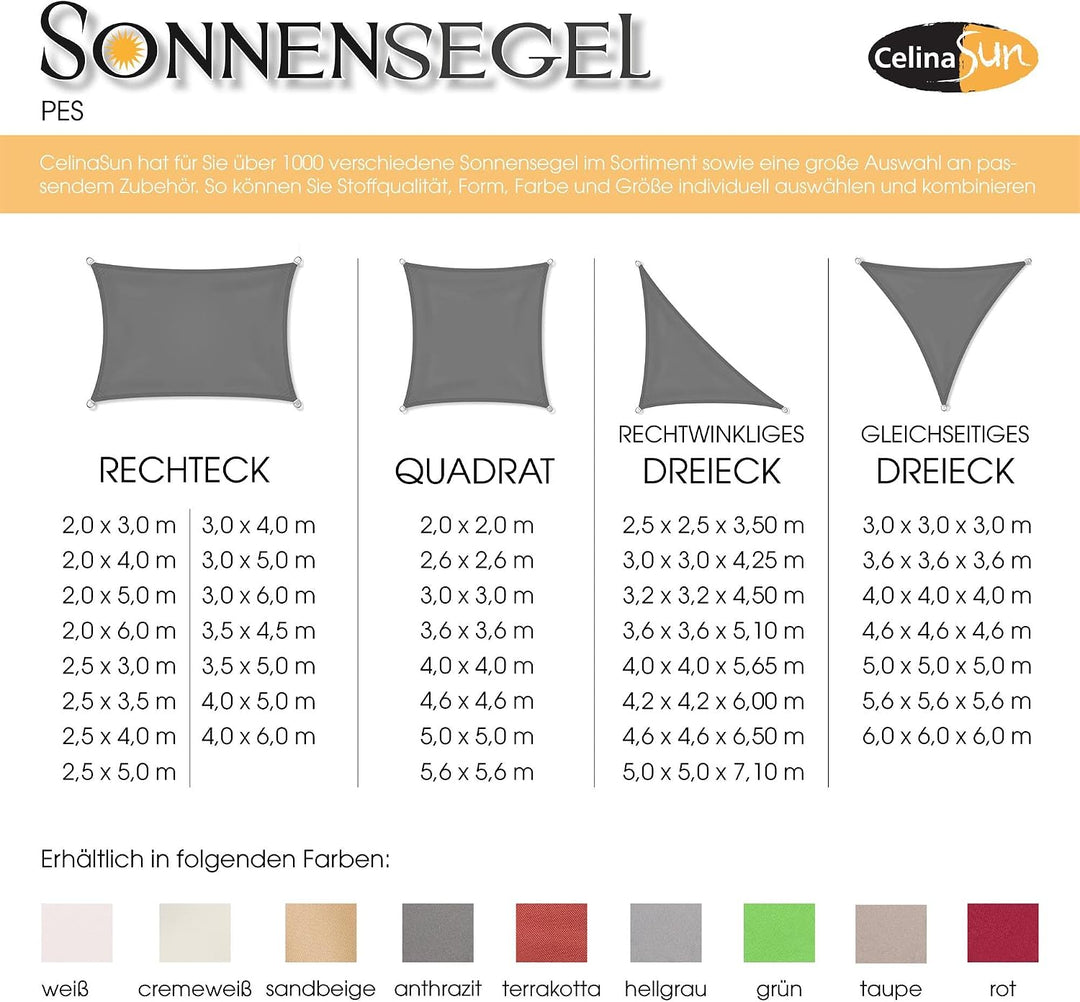 CelinaSun Sonnensegel inkl Befestigungsseile Premium PES wasserabweisend imprägniert Quadrat 3,6 x 3