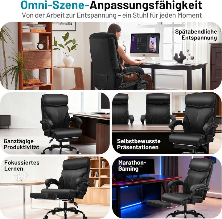 Chefsessel mit Fussstütze &amp; Liegefunktion, Ergonomischer Bürostuhl aus Kunstleder bis 200 kg, Verste