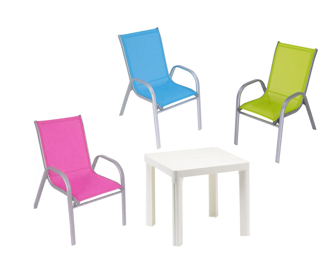 Hline Kinder Garten Sitzgruppe Tisch mit Stühlen Gartenstuhl Sessel (1 Tisch 3 Stühle Metall bunt),