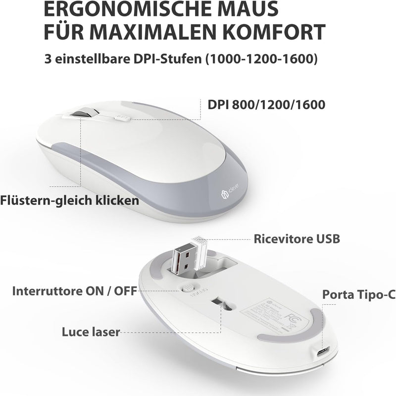 2.4G Maus Set kabellos, iclever Aluminium Wireless Slim Tastatur QWERTZ Layout (Deutsch), für Comput