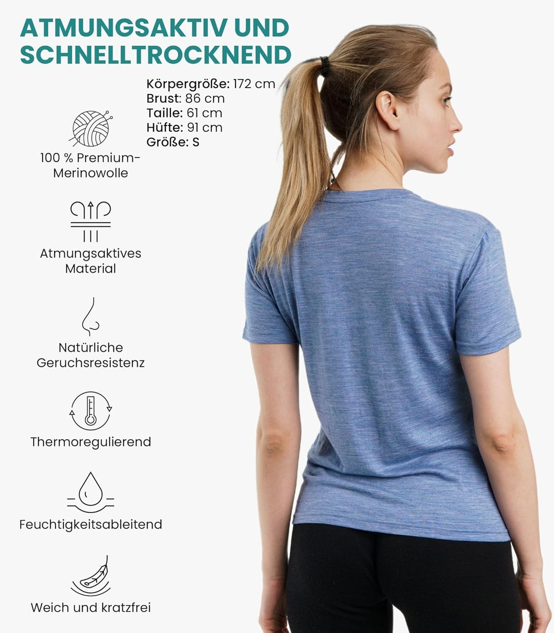 Merino.tech 100% Merino T Shirt Damen - Merinowolle Sport Wandern Thermoshirt Damen + Wandersocken D