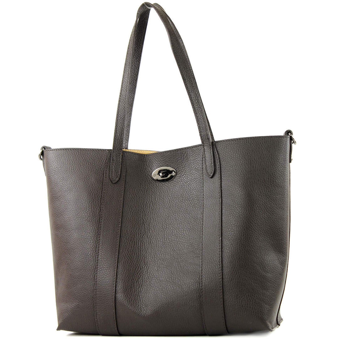 modamoda de - T187 - ital. Shopper DIN A4 Leder Damentasche mit Innentasche Dark Chocolate, Dark Cho