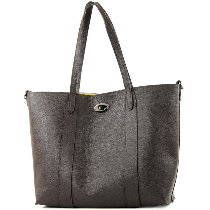 modamoda de - T187 - ital. Shopper DIN A4 Leder Damentasche mit Innentasche Dark Chocolate, Dark Cho