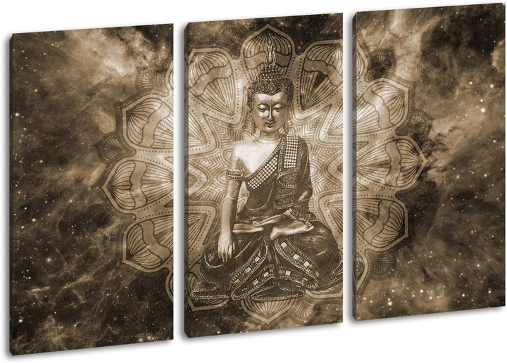 deyoli Abbild Buddhas im Universum Format: 3-teilig 120x80 Effekt: Sepia als Leinwand, Motiv fertig