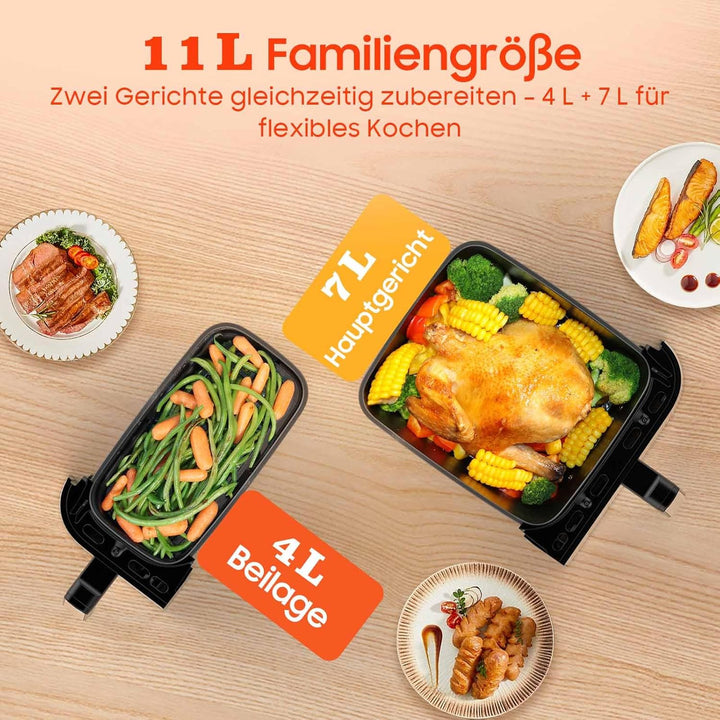 Heissluftfritteuse Doppelkammer XXL 11L - 2600W Airfryer mit 10 Programmen, 7/4L Fassungsvermögen, S