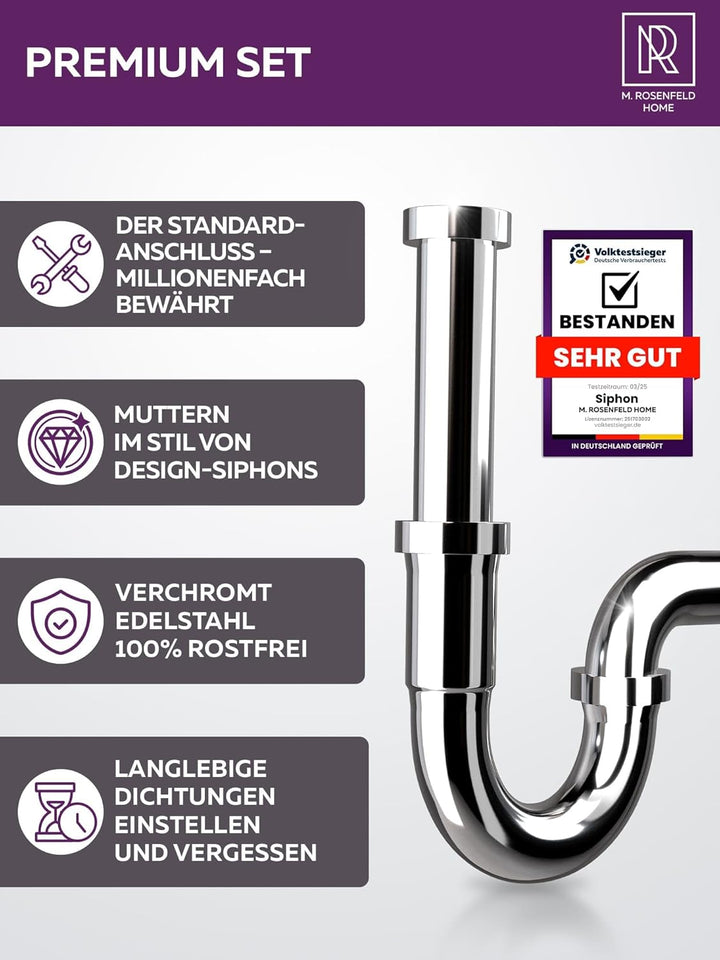 Röhrensiphon Waschbecken aus Messing + Chrom Ablaufgarnitur POP UP Ventil mit Überlauf + Strahlregle
