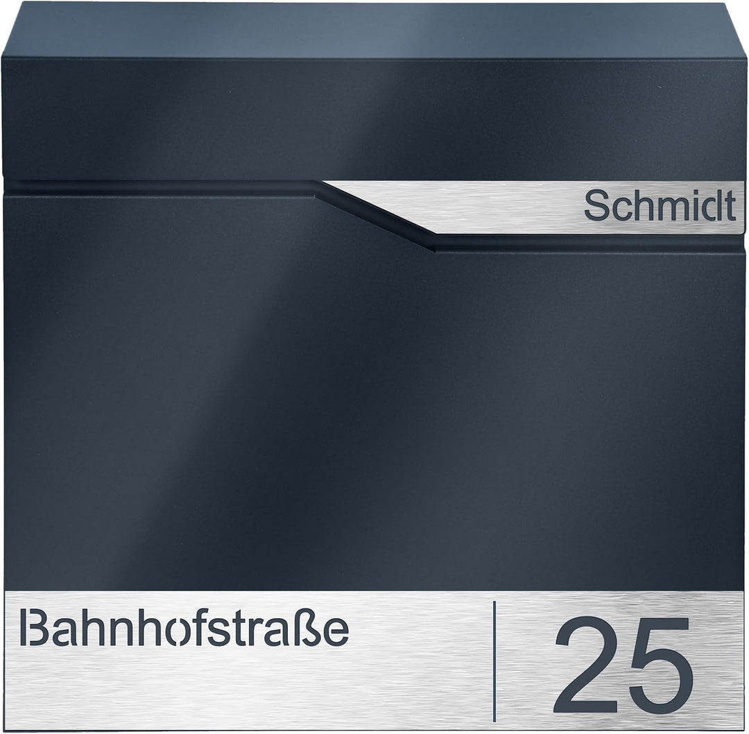MTEC Briefkasten mit Edelstahl Namensschild - Robuster Wandbriefkasten Anthrazit RAL7016 - Wetterfes
