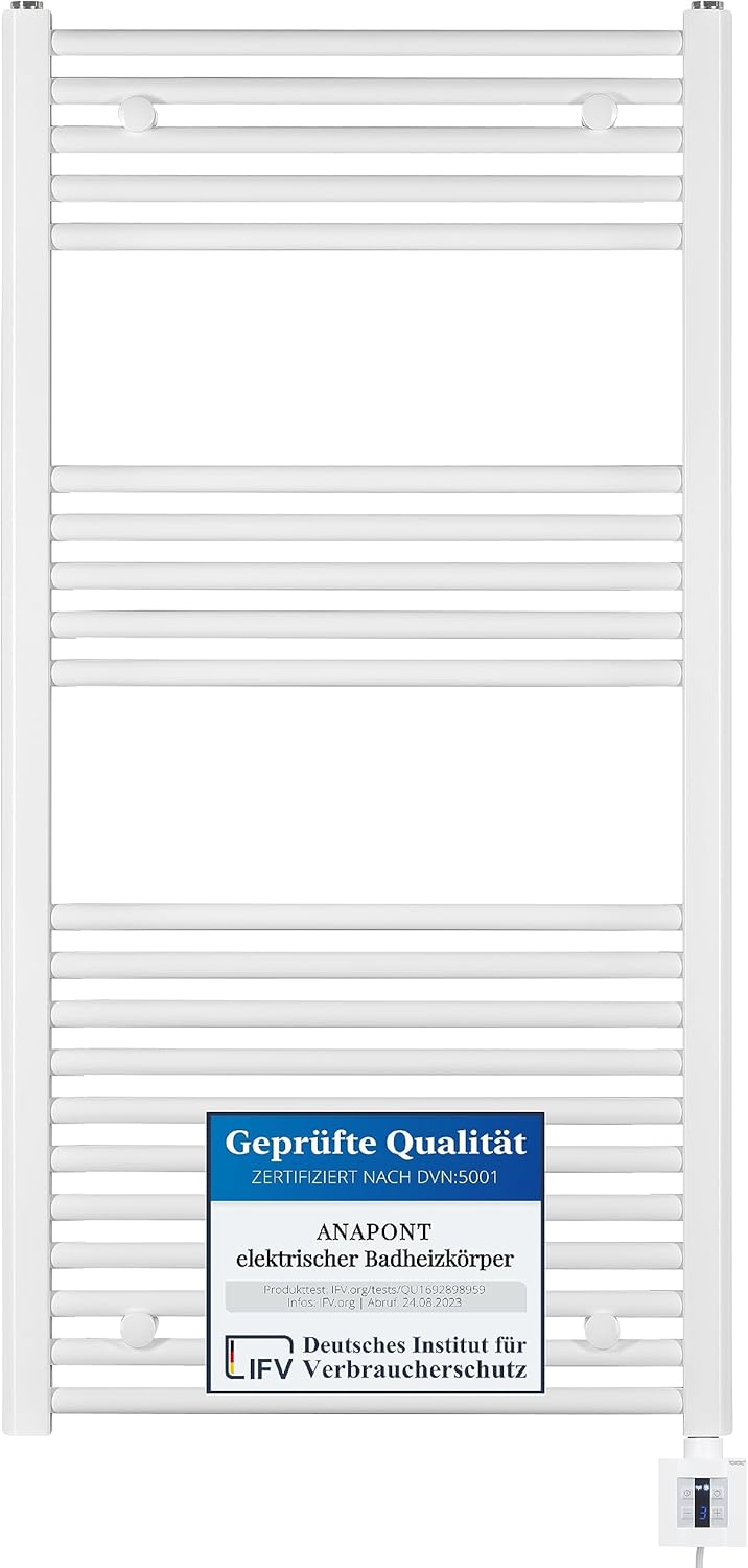 anapont elektrischer Badheizkörper 1175x400 - weiss gerade - Timer-Funktion - Handtuchheizkörper - B