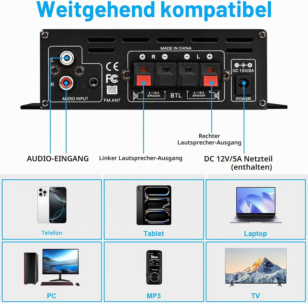 Romicta HiFi-Verstärker AK390, Mini Bluetooth Stereo-Audioverstärker Receiver 12V/ 220V 800W 2 Kanäl