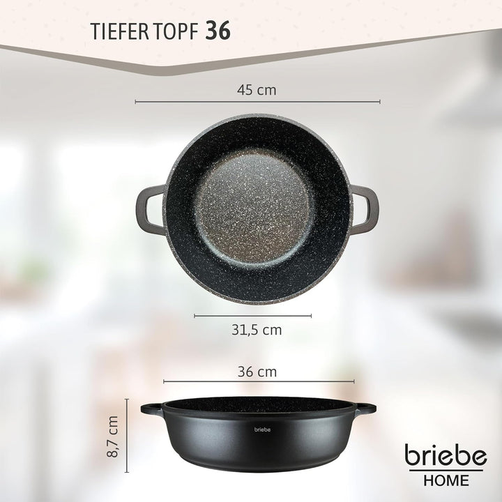 briebe Black Titanium Flache Kasserolle für Induktionskochfeld, Antihaft-Titan, 36cm, Aluminiumguss,