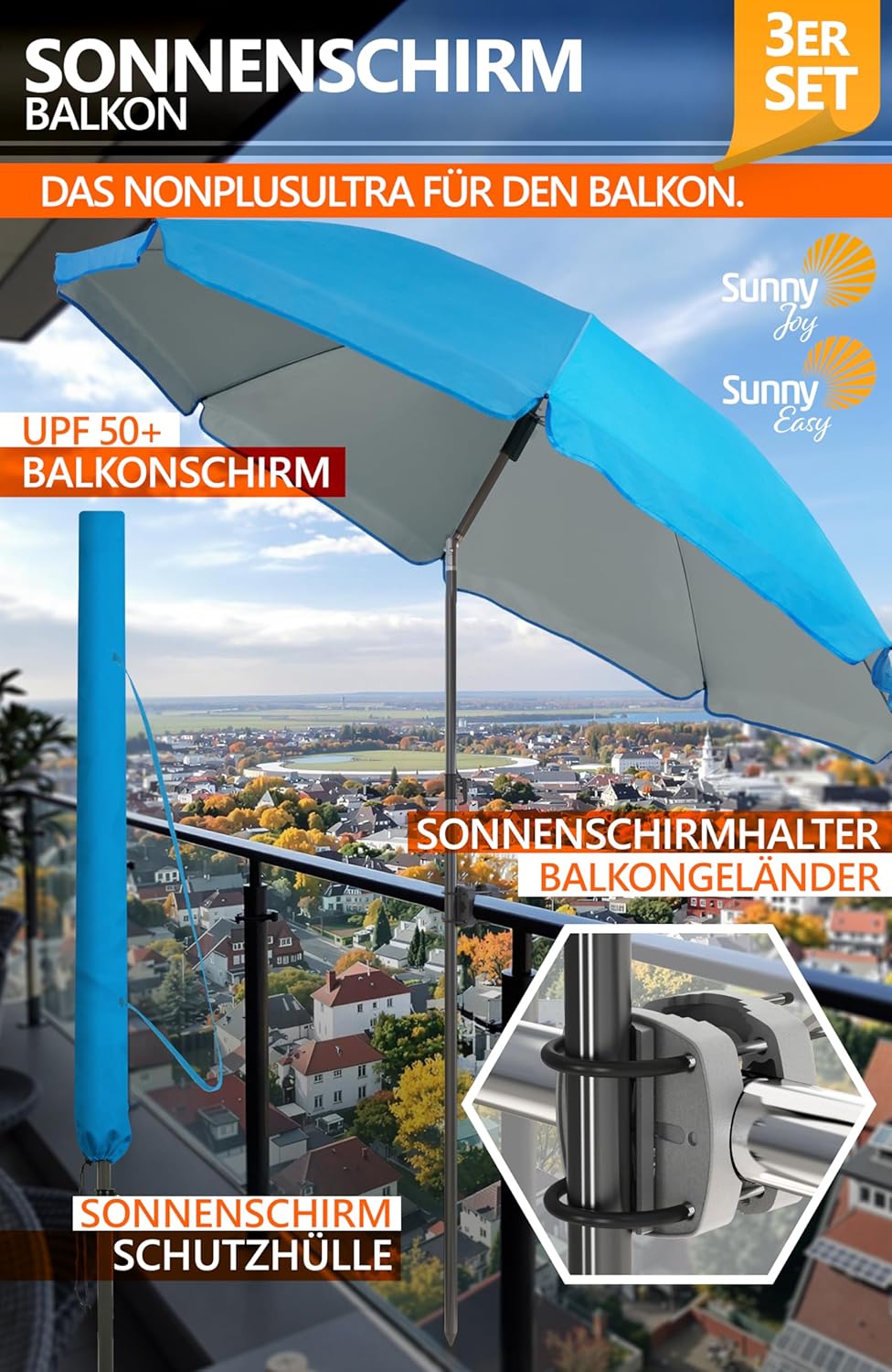 4smile Sonnenschirm Balkon SunnyJoy im 3er-Set - UPF 50+ Balkon Schirm 180 cm + Sonnenschirmhalter B
