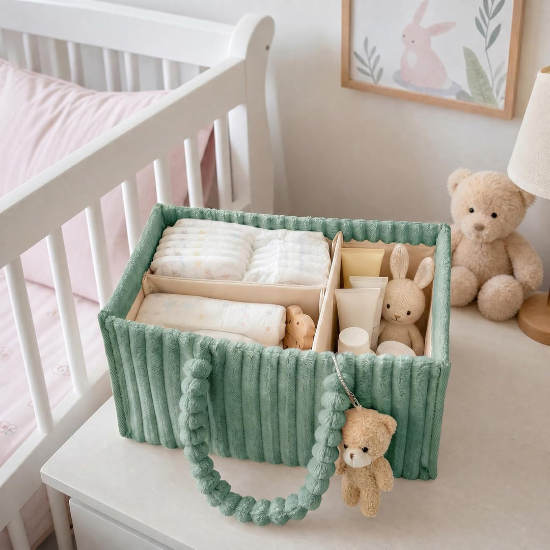 Windel Caddy Organizer aus Plüsch Baby Aufbewahrungsbox mit Bären Anhänger Grün, Grün