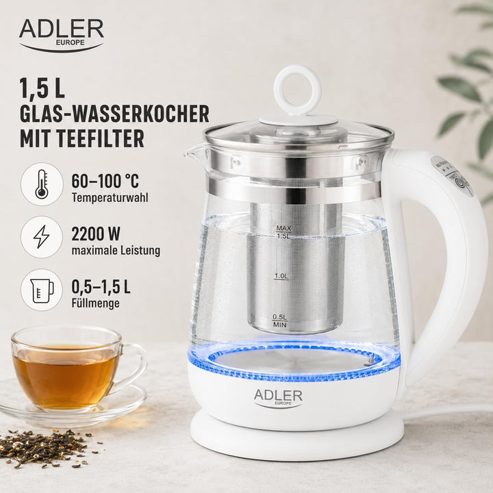 ADLER AD 1299 Elektrischer Wasserkocher aus Glas 1,5 Litern, Beleuchteter Innenraum, Teesieb, Temper