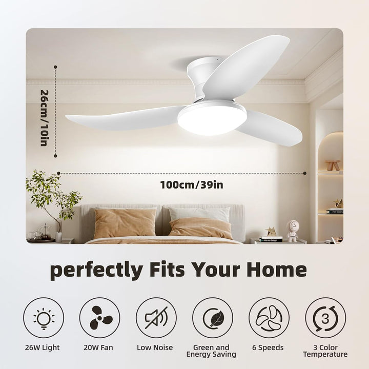 Deckenlampe mit Ventilator,Weiss,Ø100cm App Steuerung &amp; Fernbedienung Deckenventilator mit Beleuchtu