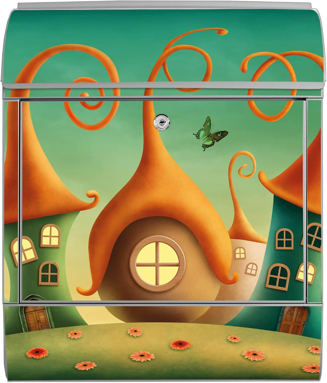 banjado® Design Briefkasten mit Motiv Zwergenhausen 39x47x14cm &amp; 2 Schlüssel - Briefkasten Stahl Sil