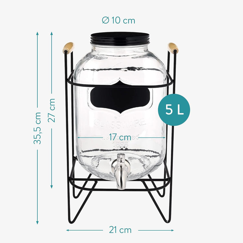 Navaris Getränkespender 5 Liter aus Glas - Zapfhahn aus Edelstahl und Ständer - Wasserspender Glasbe