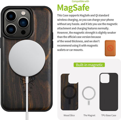 Carveit Holz Cover für iPhone 15 Pro hülle, Kompatibel mit Magsafe Silikon Stossfeste Cover, Magneti