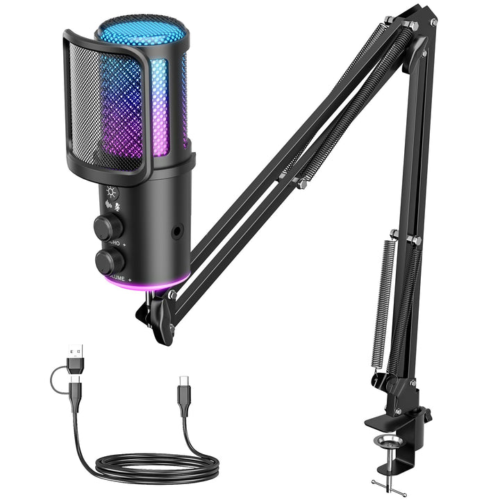 Gaming USB Mikrofon Kit mit Galgenarm - RGB Kondensator Mikrofon mit Geräuschunterdrückung, Stummsch