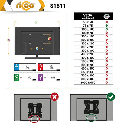 RICOO PC Monitor Wandhalterung Schwenkbar Neigbar für 15-30 Zoll, Halterung Wand S1611, Monitorhalte