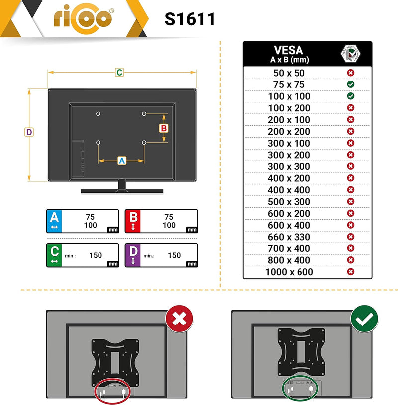 RICOO PC Monitor Wandhalterung Schwenkbar Neigbar für 15-30 Zoll, Halterung Wand S1611, Monitorhalte