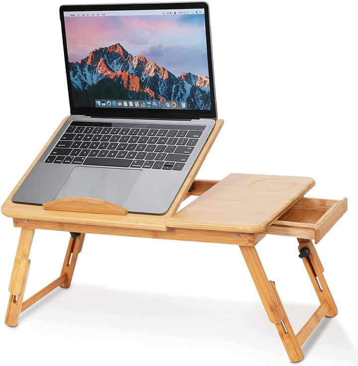 Ausla Laptoptisch Aus Bambus, Notebooktisch Mit Schublade, Klappbarer Frühstückstablett, Höhenverste