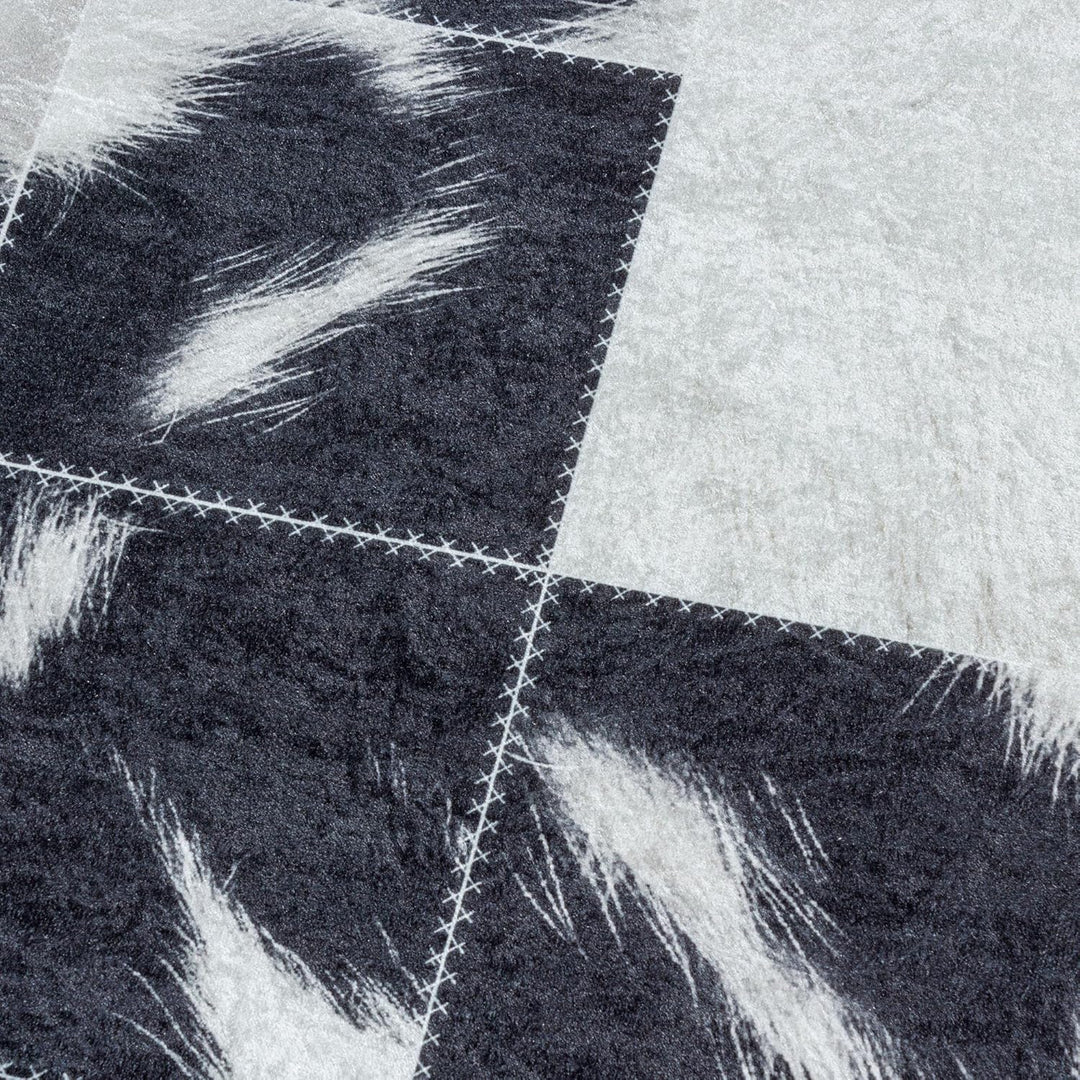 Waschbarer Teppich, Didigitaldruck Patchwork Felloptik, Rechteckig, Creme - Schwarz Farbe, Flachgewe