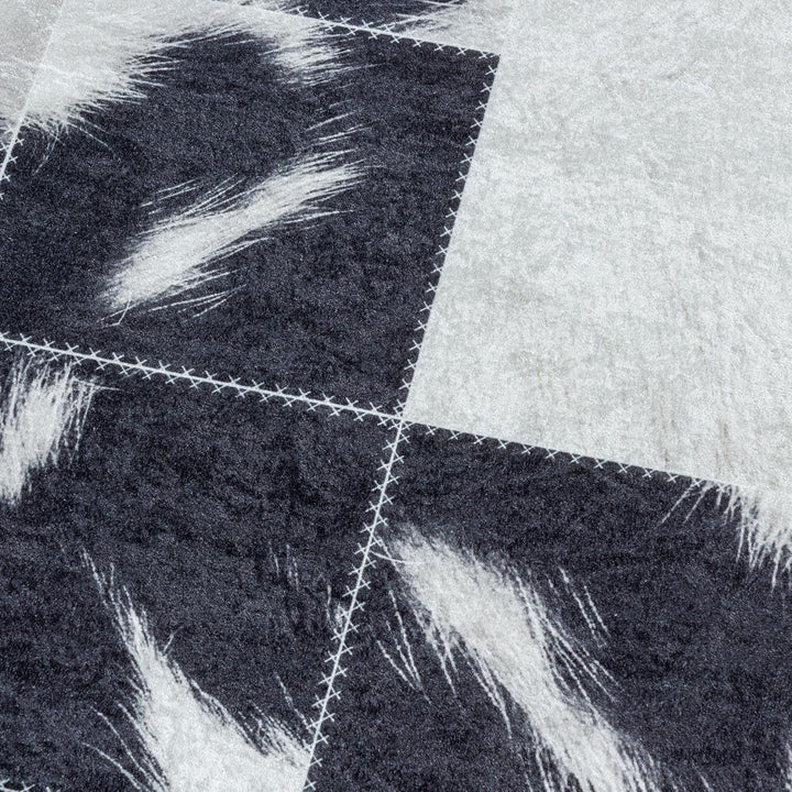Waschbarer Teppich, Didigitaldruck Patchwork Felloptik, Rechteckig, Creme - Schwarz Farbe, Flachgewe