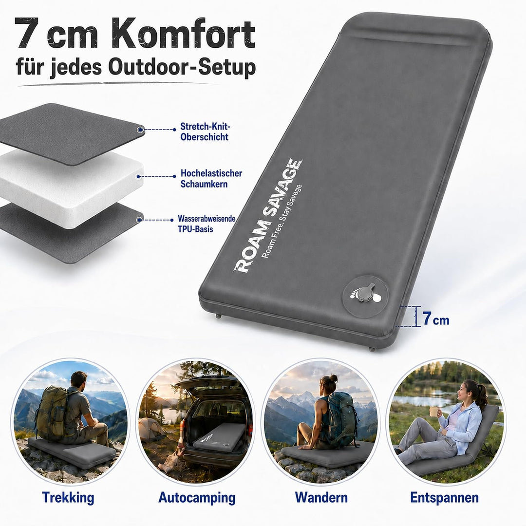 ROAM Savage Selbstaufblasende Camping-Isomatte, 7 cm Schlafmatte mit Kopfkissen, R-Wert 8,0 Isolieru
