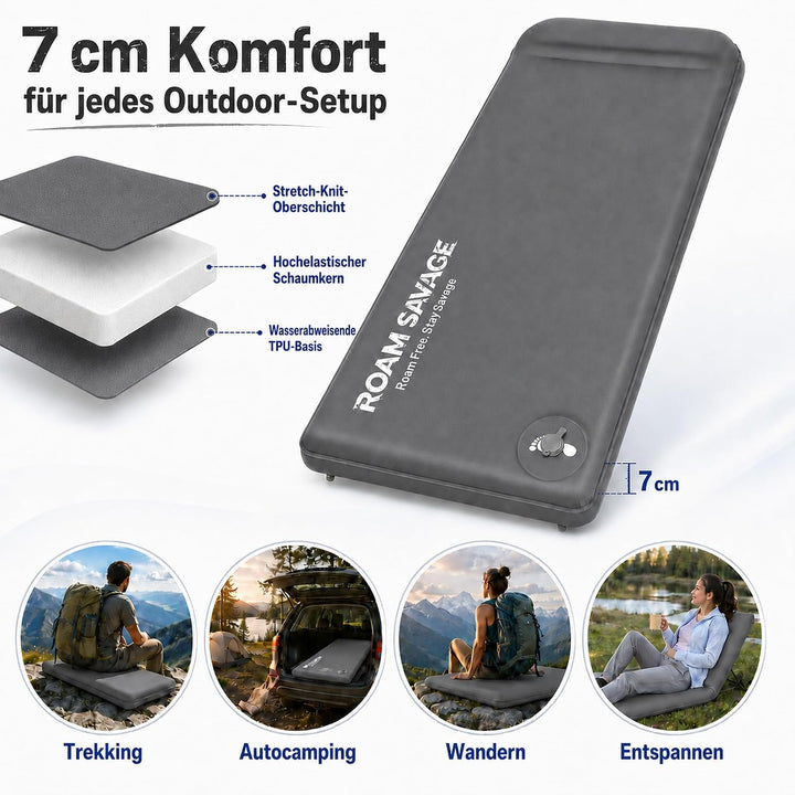 ROAM Savage Selbstaufblasende Camping-Isomatte, 7 cm Schlafmatte mit Kopfkissen, R-Wert 8,0 Isolieru