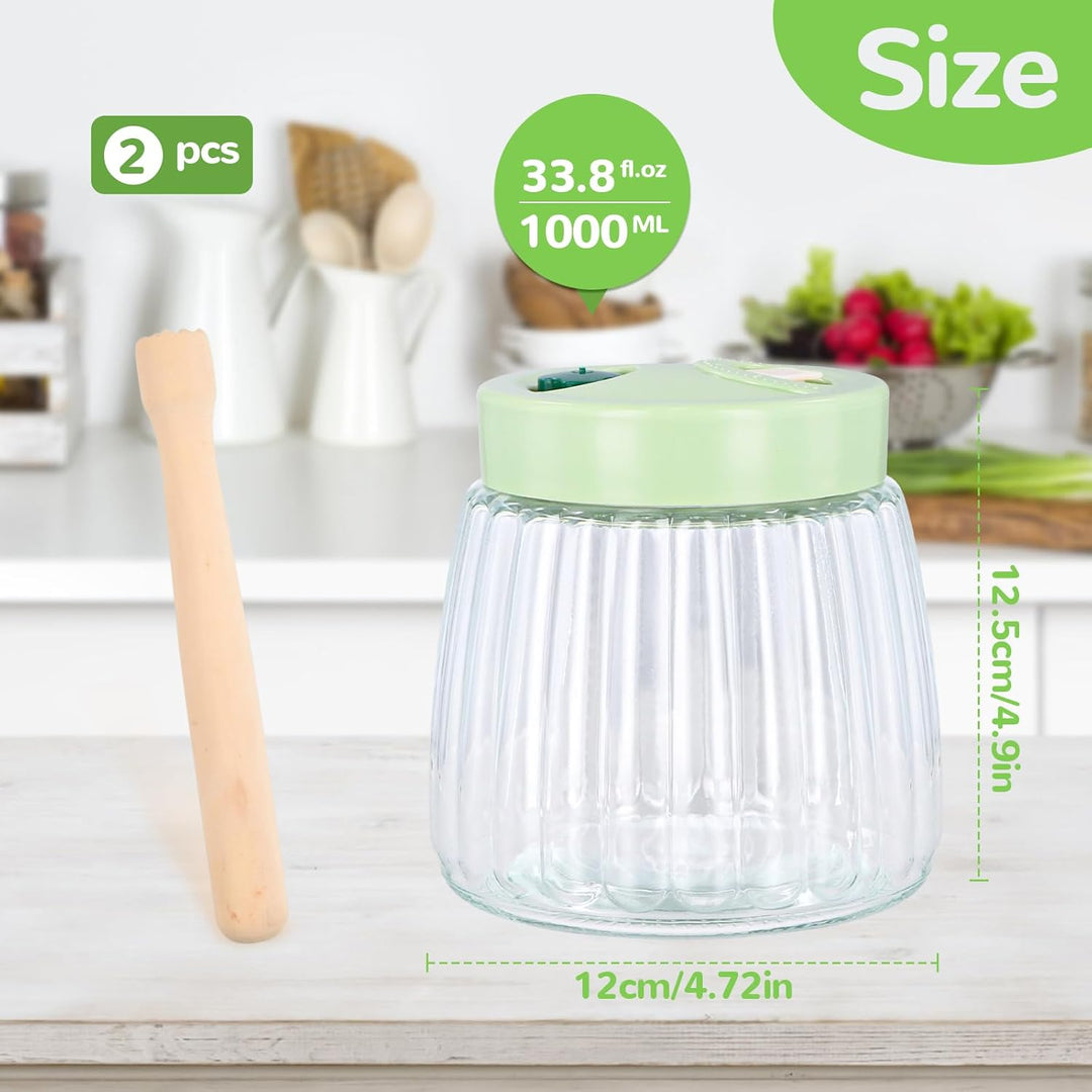 2 Stück Fermentierglas 1L mit Entlüftungsventil, 2 Glas Fermentiergewichte 7cm, Fermentier-Stampfer