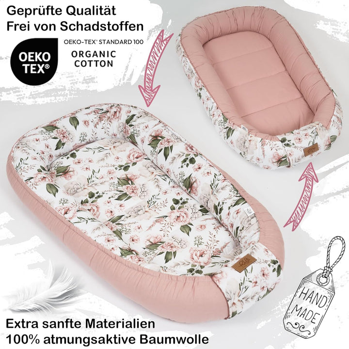 PaLulli® Extra Grosses Babynest 100x60 cm Baumwolle | Beidseitig nutzbares Kuschelnest für Babys | H