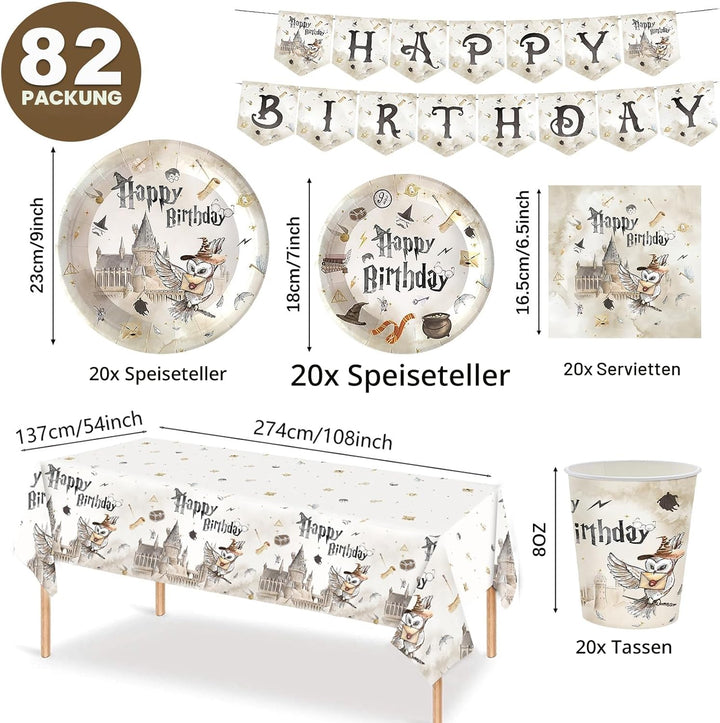 Harry Geburtstag Deko,Magischer Wizard Partygeschirr Set,82 Stück Wizard Pappteller Becher, Serviett