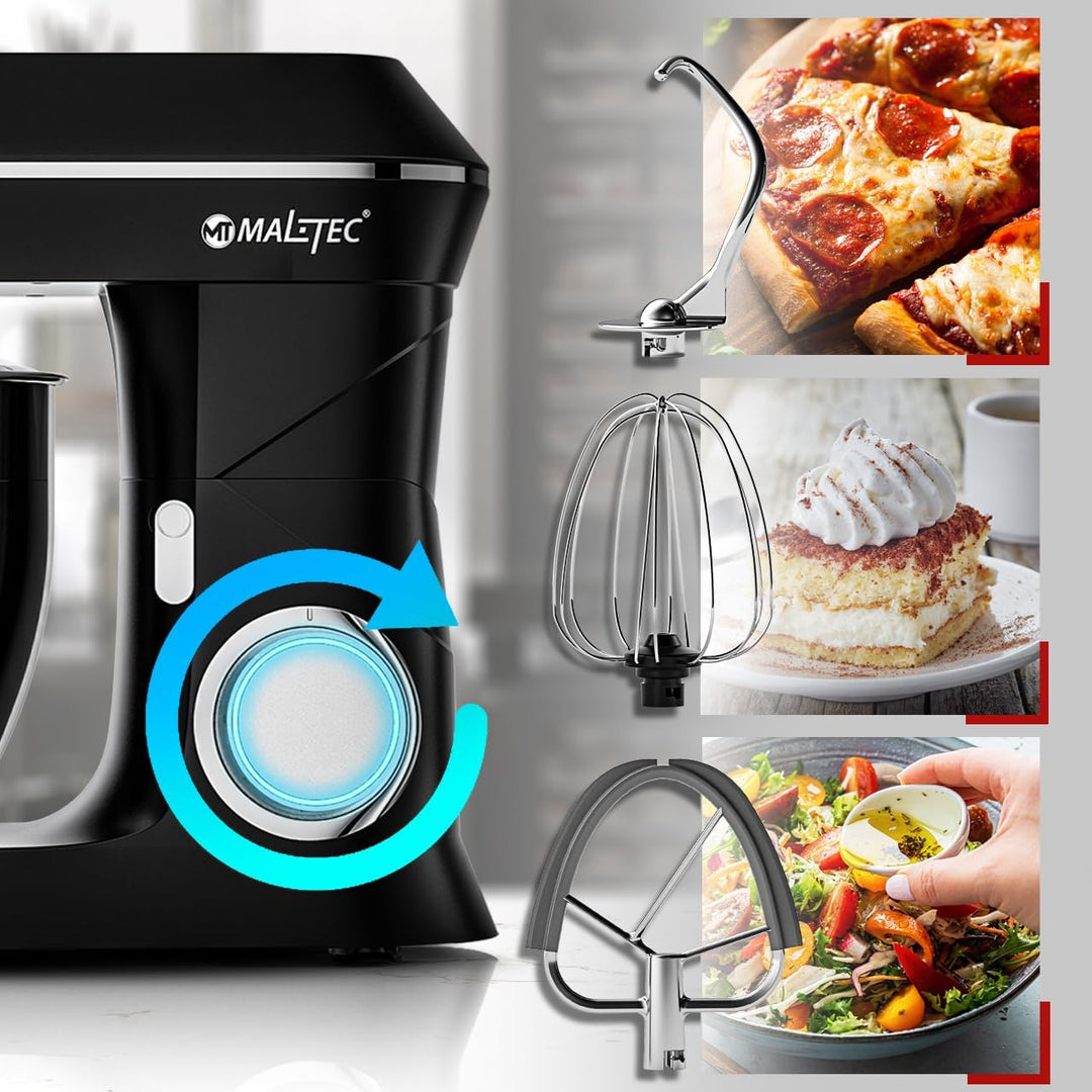 MalTec Planet Küchenmaschine | MaltecChef 2200W Knetmaschine | Rührhaken, Knethaken, Schneebesen, Sp