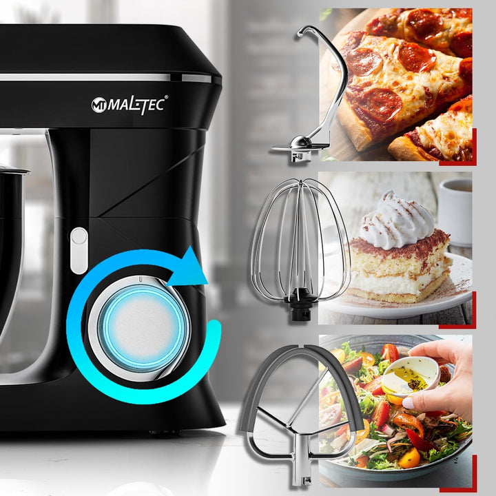 MalTec Planet Küchenmaschine | MaltecChef 2200W Knetmaschine | Rührhaken, Knethaken, Schneebesen, Sp