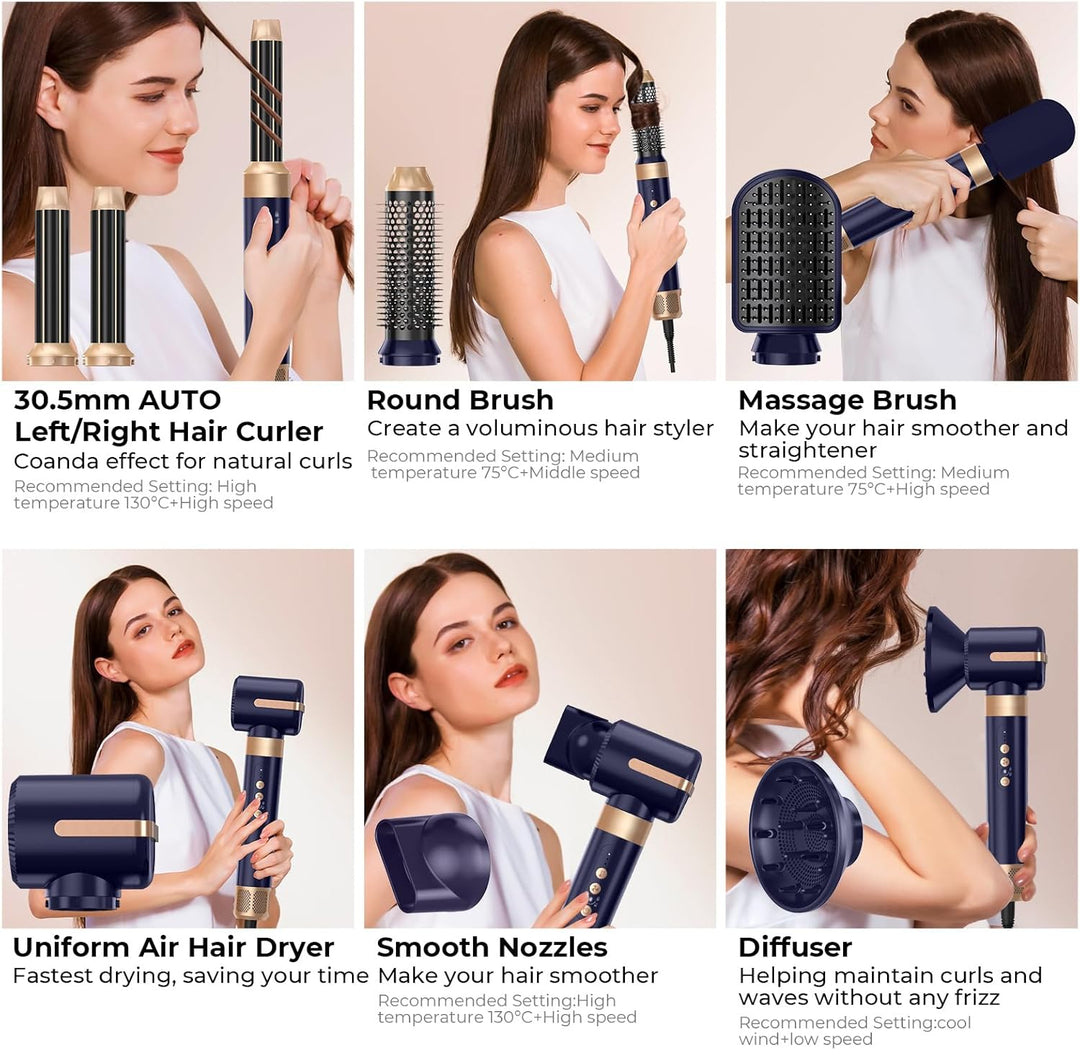 Airstyler 7 in 1,1400w Föhn mit Diffusor Haartrockner mit 3 Temperatur, Multi Hairstyler Set, 30mm A