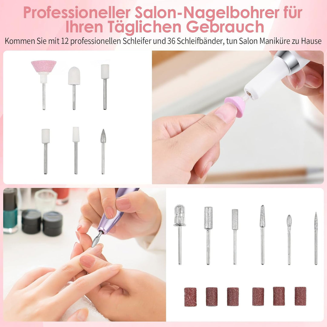 Kabellos Tragbar Nagelfräser 12 in 1 Profi Maniküre Pediküreset, Elektrische Nagelfeile 18000 u/Min