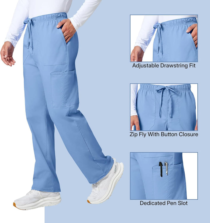 Workwear Professionals Men Scrubs Pant Tapered Leg Fly Front Cargo WW190 S Ciel Blue, S Ciel Blue