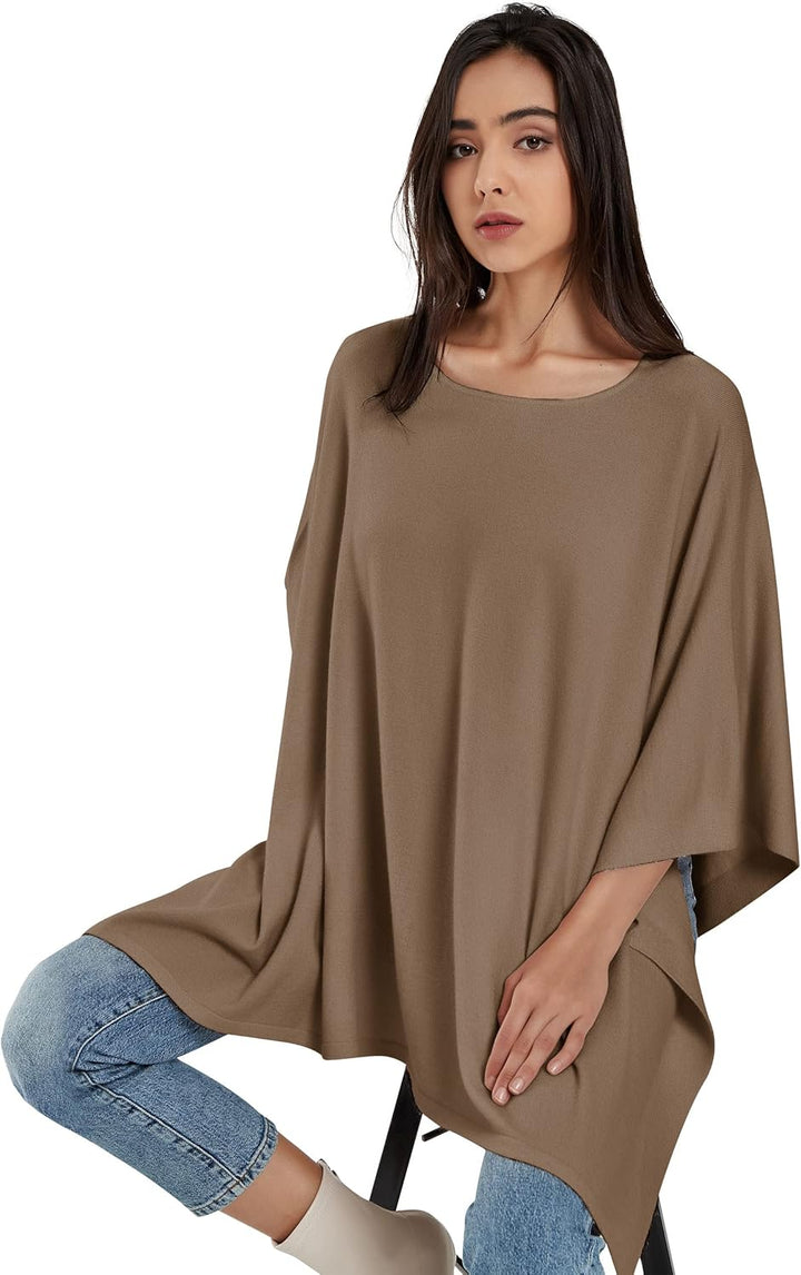 PULI Damen Pullover Poncho Elegant Viskose Strick Locker sitzend Poncho Schal Einheitsgrösse Karamel