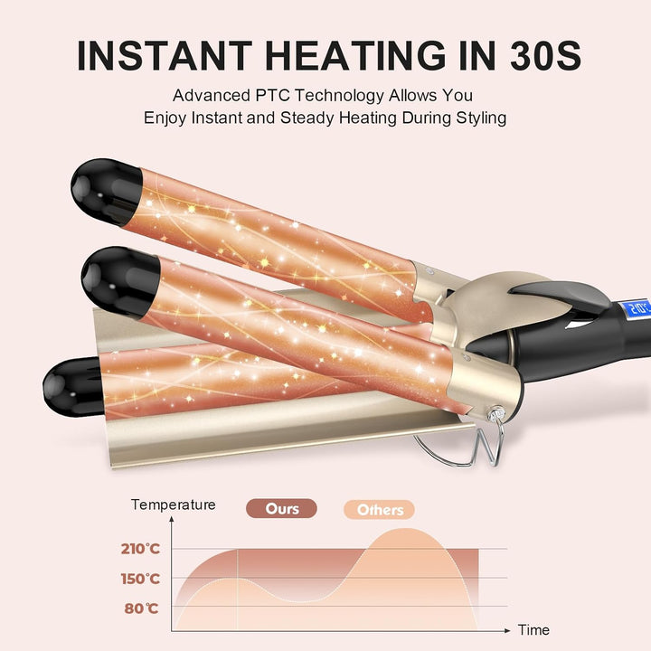 Welleneisen 3 Fässer Lockenstab BEACHWAVES Φ25mm, AIMERVO Curler LCD 14 Temperaturstufen 80-210℃, fü